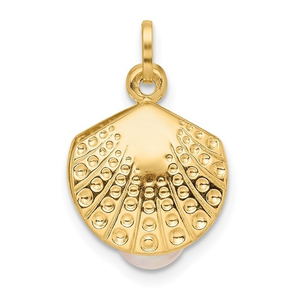 14k Yellow Gold Sea Life Freshwater Cultured Pearl Clam Necklace Charm Pendant - Picture 1 of 4